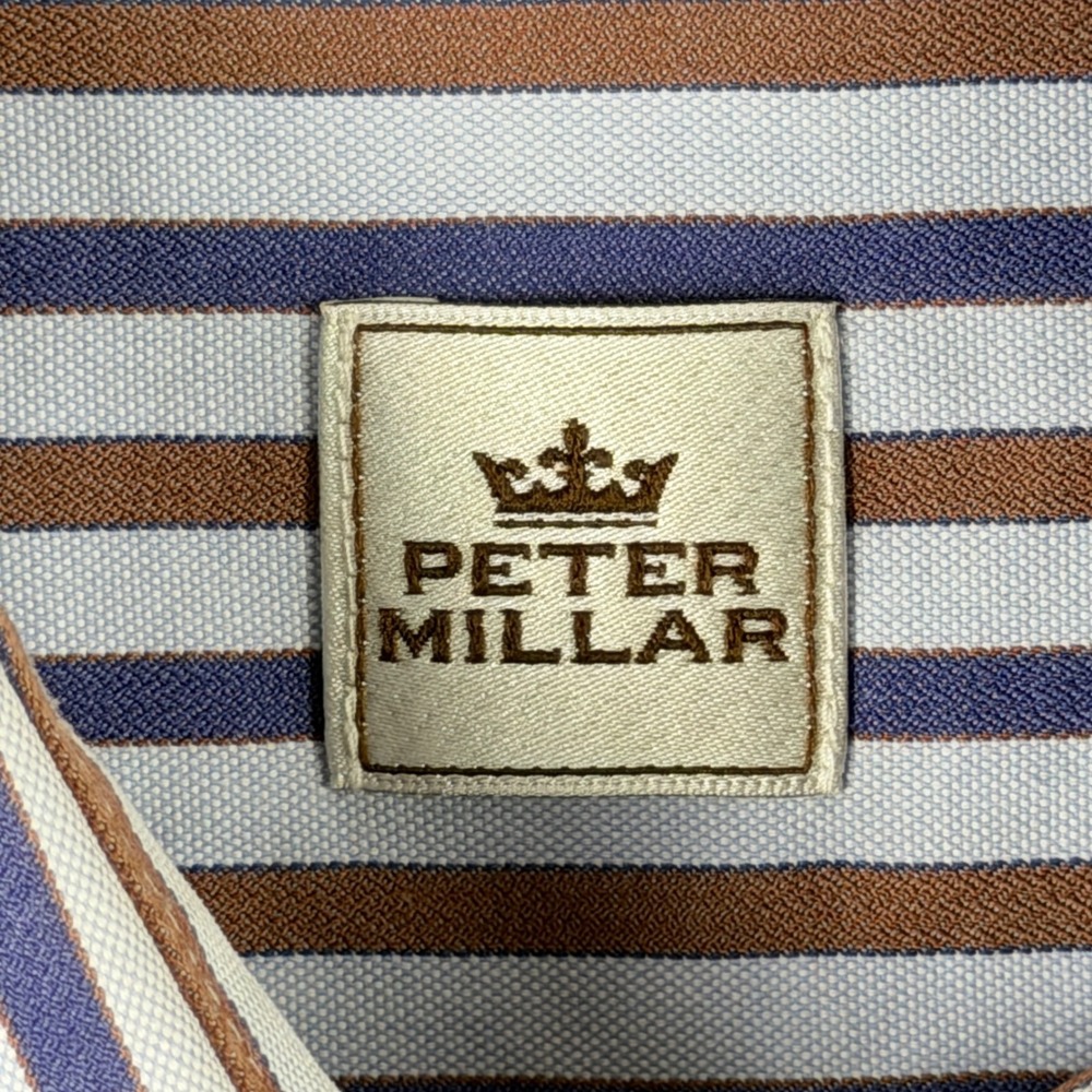 Peter Millar Mens' XL Button Down Shirt Blue Brown Striped Cotton Work Casual - Picture 5 of 11